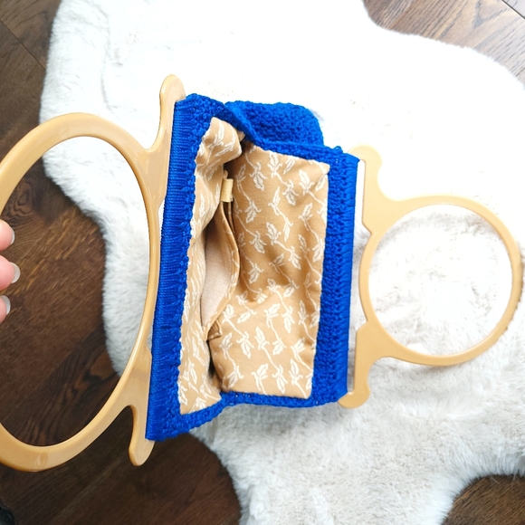 Vintage Crochet 1970s Handmade Knit Unique Royal Blue Hobo Bag Purse - Picture 4 of 9